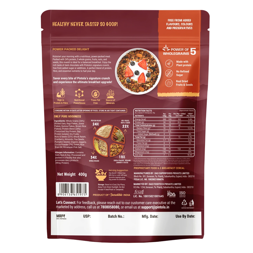 Pintola High Protein Muesli Dark Chocolate & Cranberry – 1 Kg (2.2 Lb)
