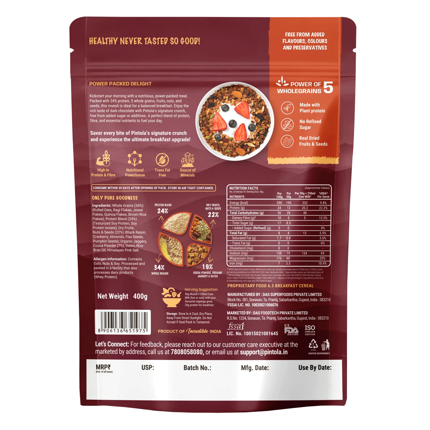 Pintola High Protein Muesli Dark Chocolate & Cranberry – 1 Kg (2.2 Lb)
