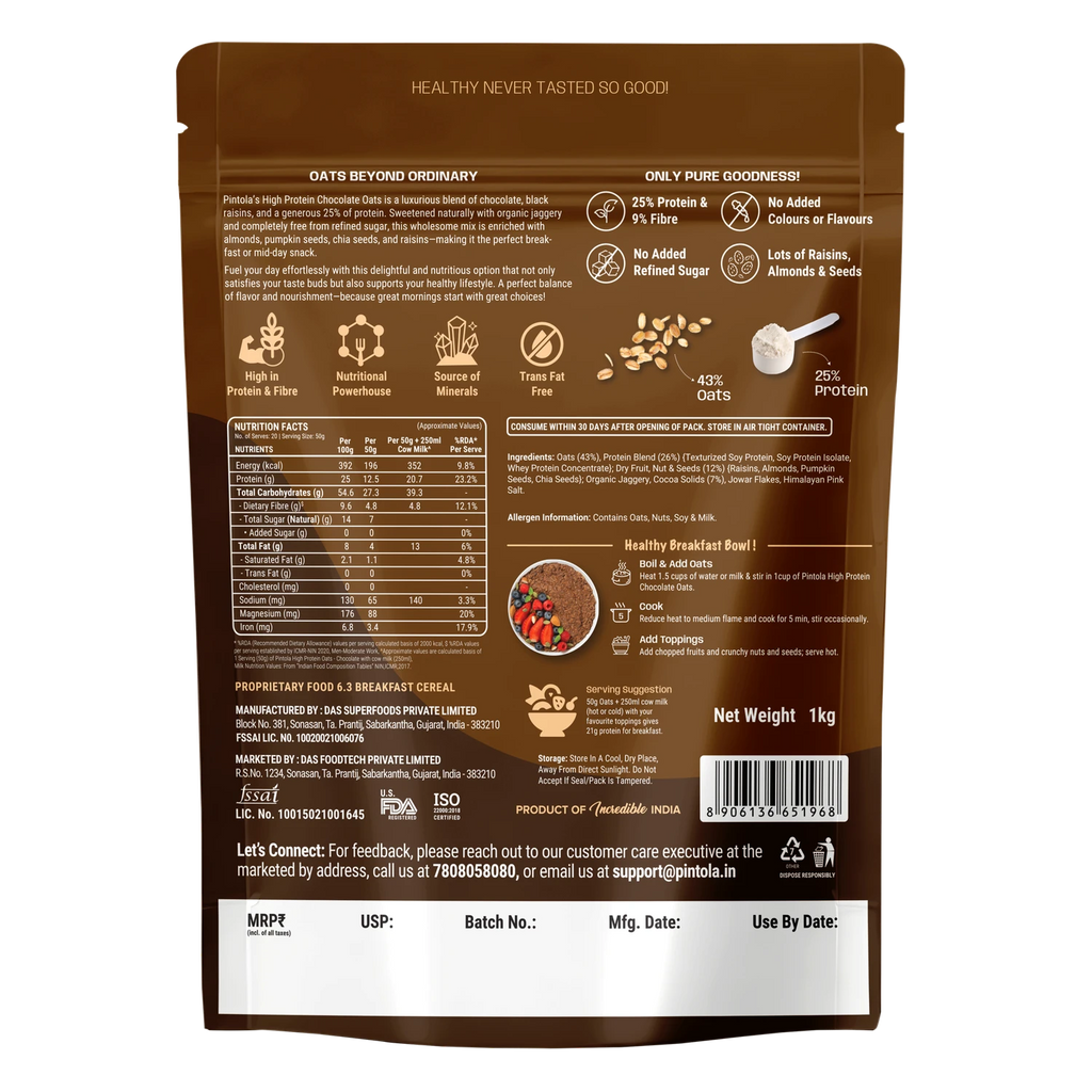 Pintola High Protein Oats – 1 Kg (2.2 Lb), Dark Chocolate