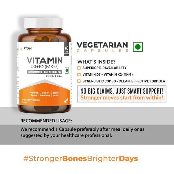 ATOM Vitamin D3 & K2 (MK-7) I 60 Veg Capsules exp 2027