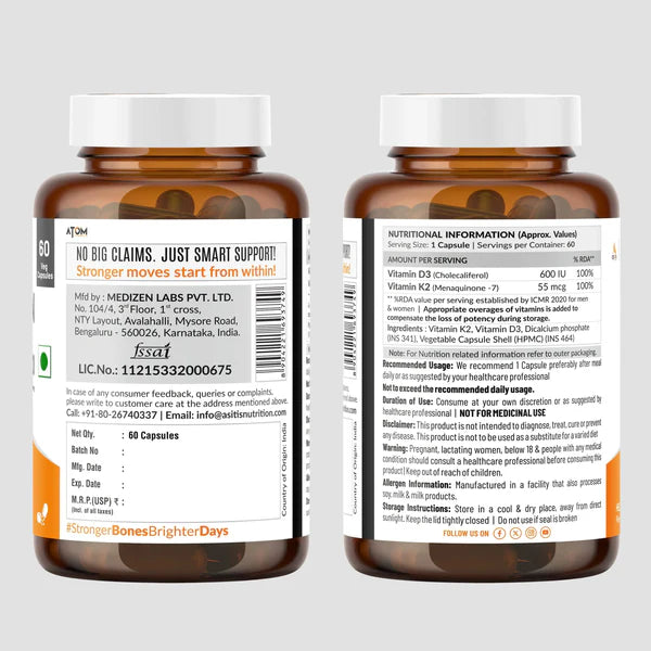 ATOM Vitamin D3 & K2 (MK-7) I 60 Veg Capsules exp 2027