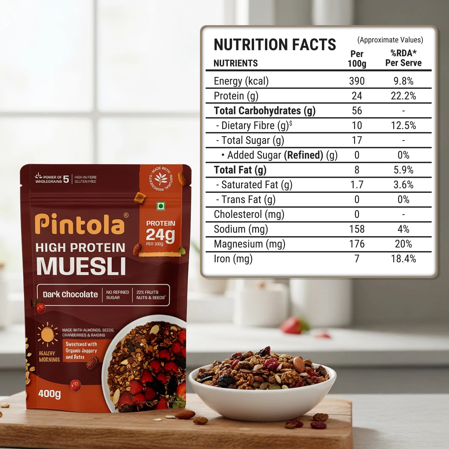 Pintola High Protein Muesli Dark Chocolate & Cranberry – 1 Kg (2.2 Lb)