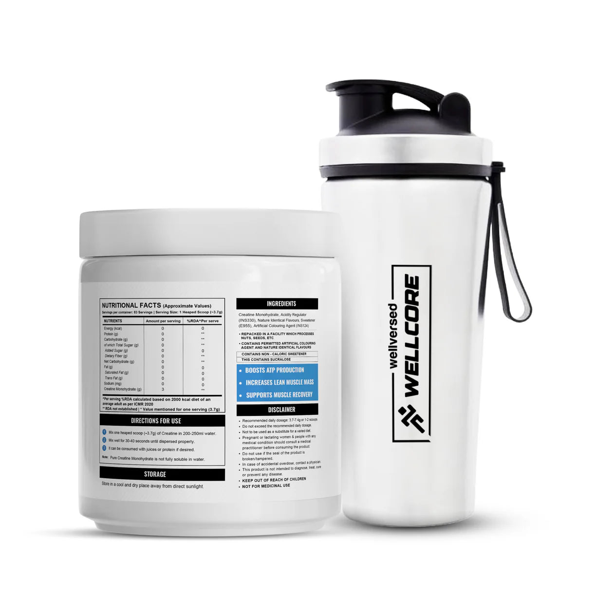 Wellcore – Micronised Creatine Monohydrate 83 Servings + premium wellcore steel shaker | Muscle Growth & Recovery | combo offer