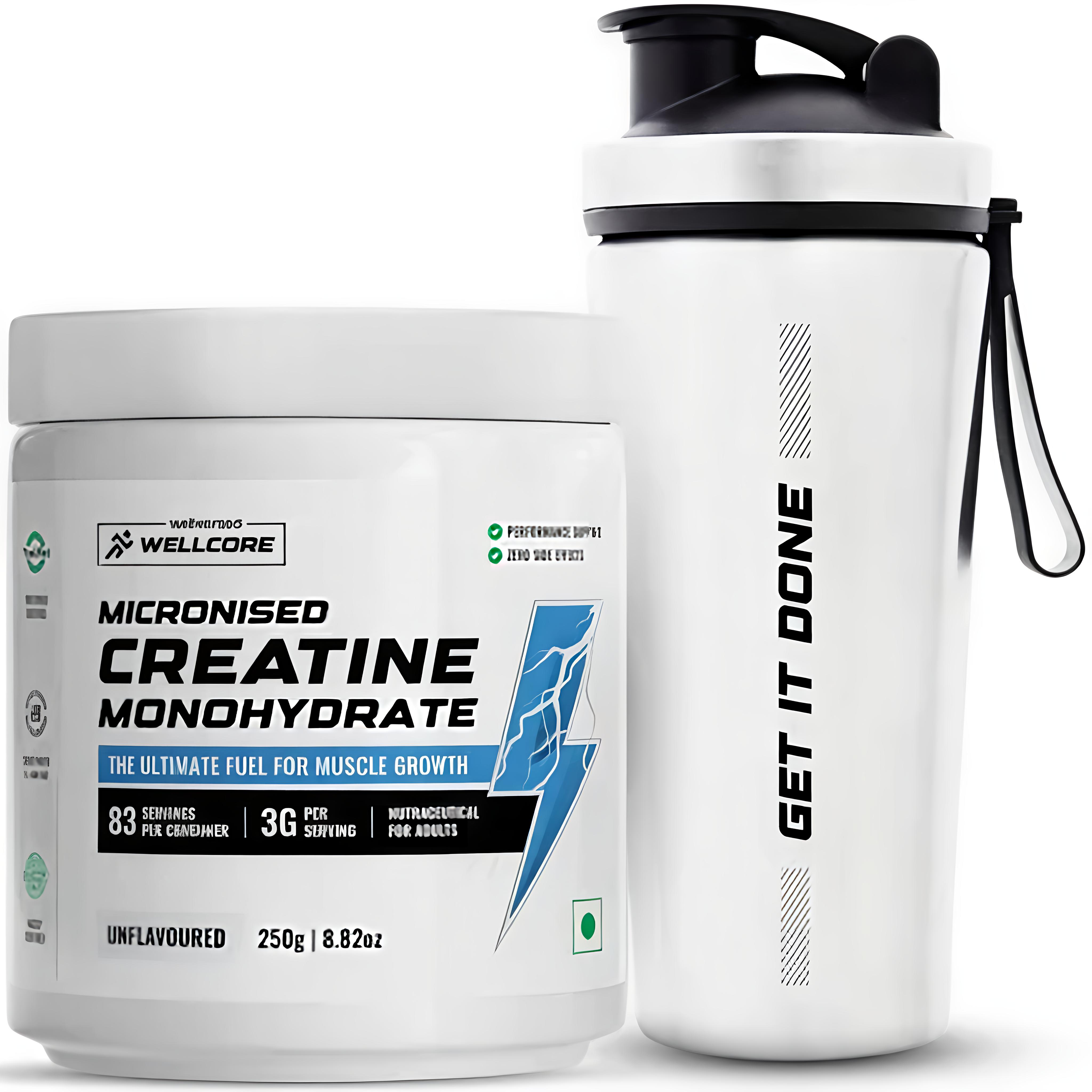 Wellcore – Micronised Creatine Monohydrate 83 Servings + premium wellcore steel shaker | Muscle Growth & Recovery | combo offer